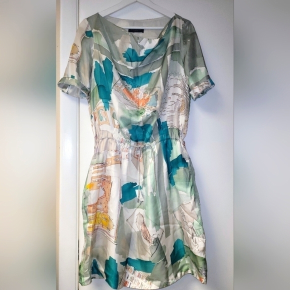 Piazza Sempione Silk Watercolor Italian Monuments Print Drawstring Dress Size S - Picture 3 of 16